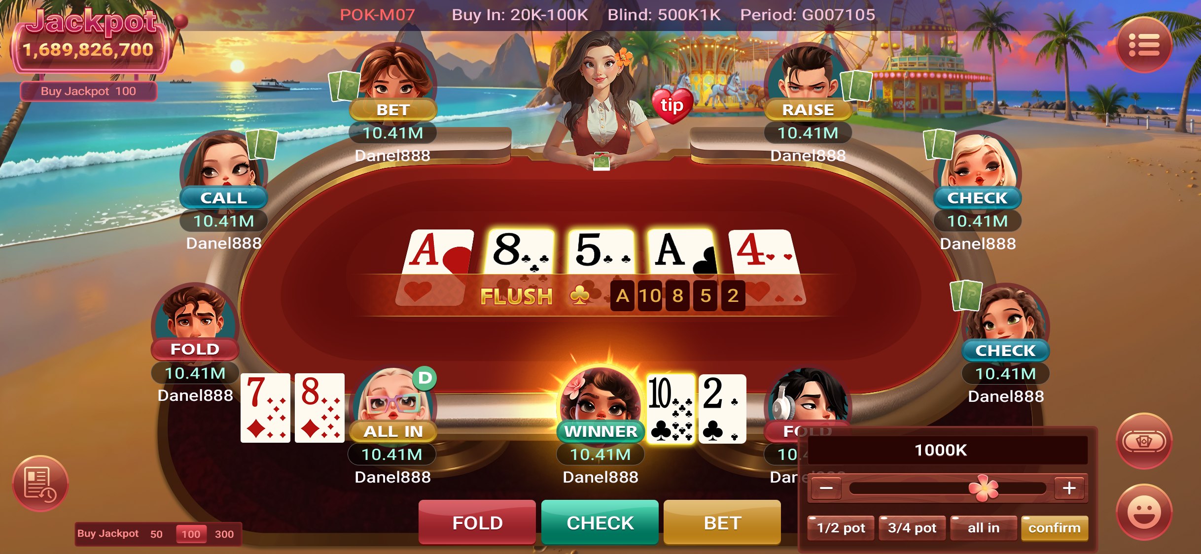 A Texas Hold&rsquo;em table in the PokerBolt client. Nine players sit around an oval red felt, five community cards lie face up across the middle, each player&rsquo;s last action and chip stack is shown beside their avatar, and fold, check and bet buttons run along the bottom of the screen.